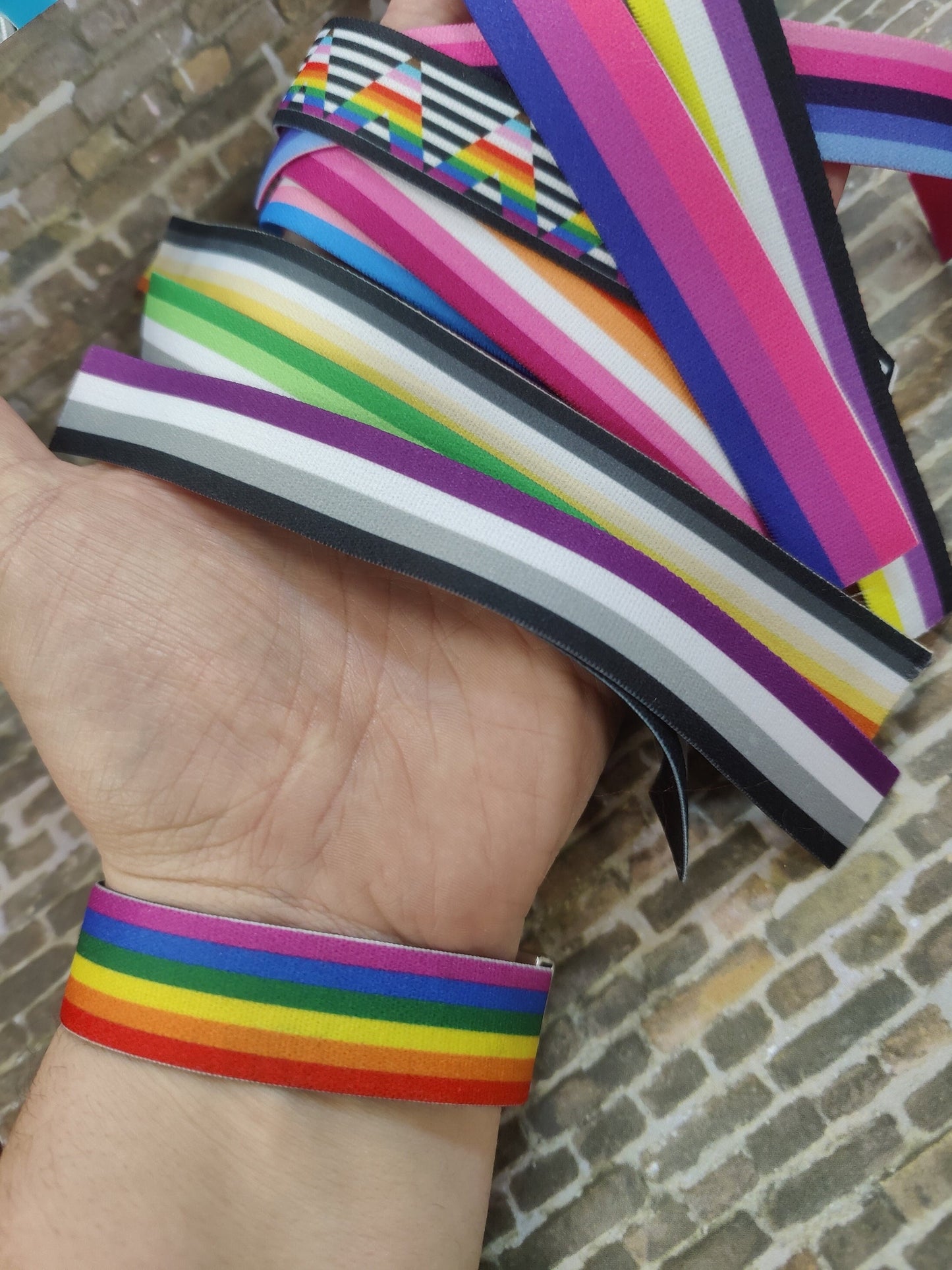 Rainbow - Thick Elastic Wristband Bracelet - stretchy elastic with magnetic clasp - heavy duty, design does not fade/peel, washable 7/8"