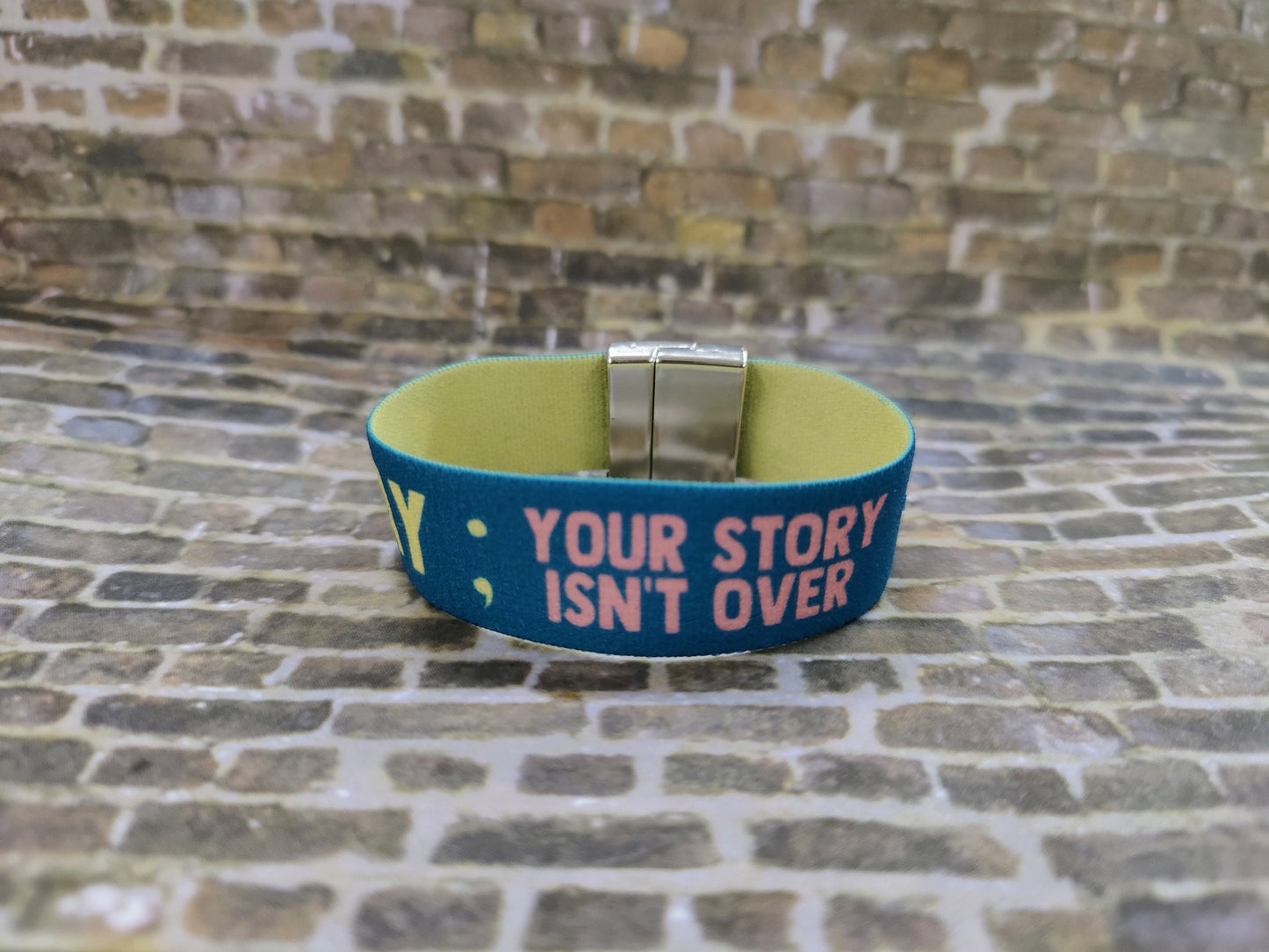 Stay, your story isn't over - Thick Elastic Wristband Bracelet stretchy elastic with magnetic clasp heavy duty, 7/8" Mental Health Awareness