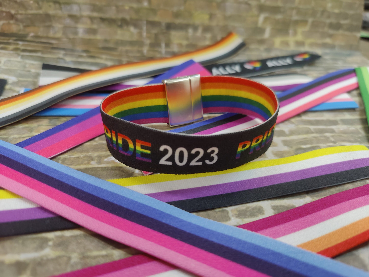 Premium Pride 2023- Elastic Wristband Bracelet - stretchy elastic with magnetic clasp - heavy duty, design does not fade/peel, washable 7/8"